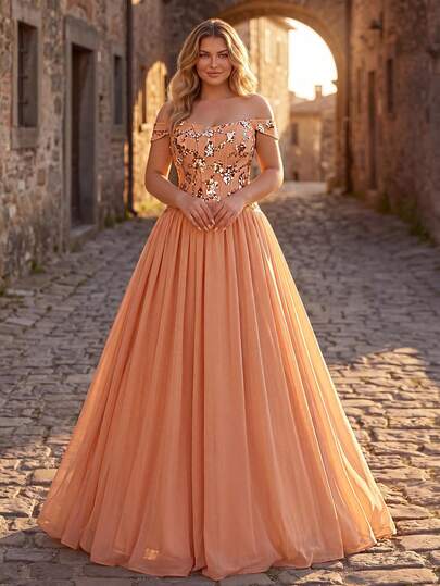 Glamrae Plus Size Elegant Romantic Green Off Shoulder Luxury Beaded Splice Elastic Knit Mermaid Hem With Flounce Collar Splice Sequins Ribbon Tight Waist Suitable For Wedding, Party, Celebration, Formal Evening Gown (Exquisite Design)