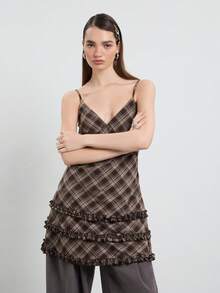 COUREZ Cami Mini Dress With Ruffle Details Y2K Grunge Vintage Retro 70s 2000s Summer Outfits For Women Brown Plaid Checkered Short Fall Rave Night Out Date - Black and White - View 4