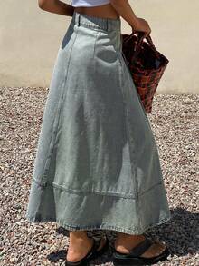 Livesso Vintage Washed Blue Loose Casual Street Outdoor A-Line Pleated Design Women Denim Skirt, Suitable For Summer, Spring, Autumn - Light Wash - View 3
