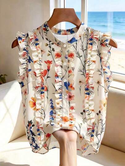 SHEIN Franclia Women's Floral Print Frill Trim Casual Versatile Daily Wear Shirt