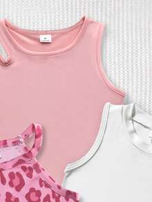 SHEIN Genkimix Kids 4件装少女夏季休闲时尚日常通勤纯色、豹纹、爱心印花吊带衫 - 彩色 - 查看 6