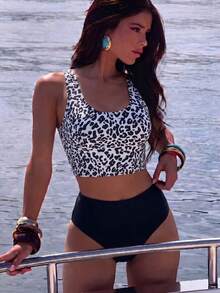 SHEIN Swim Summer Beach Ladies Leopard Print Sleeveless Bikini Set Carnival - Multicolor - View 1