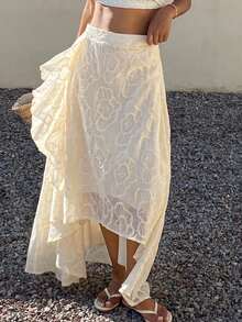 Livesso Spring Summer Graduation Beach Wedding Party White Floral Asymmetrical Lace Women's Skirt Vacation Boho - White - View 5