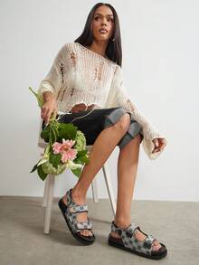 SHUZIA Sandalias de plataforma con estampado de estado, con cierre de correas de gancho y bucle y punta abierta decorativa para mujeres - Negro - Ver 3