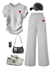 SHEIN Tween Girl Heart Embroidery Round Neck Short Sleeve T-Shirt And Elastic Waist Pants Cute Minimalist Set, Suitable For Spring/Summer - Grey - View 3