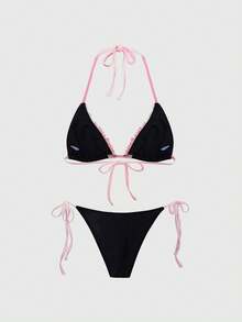 ROMWE Kawaii Bộ bikini hai mảnh mùa hè dành cho nữ, ngọt ngào, dễ thương, đơn giản và đa năng, màu đen tuyền với viền bèo hồng, áo tam giác buộc dây cổ với quần bikini cùng màu, thích hợp cho kỳ nghỉ xuân, hè và thu. - Nhiều màu - Xem 2