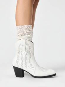 ROMWE Fairycore 2026 New Women's Small Square Toe Solid Color Thick Heel Fashion Sleeve Ankle Boots Western Boots And Ankle Boots - White - View 4