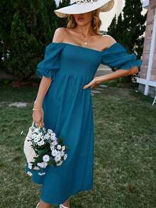 Aveloria Rosie Square Neck Shirred Detail Puff Sleeve A-Line Dress Vacation Outfits Woman  - Teal Blue - View 4