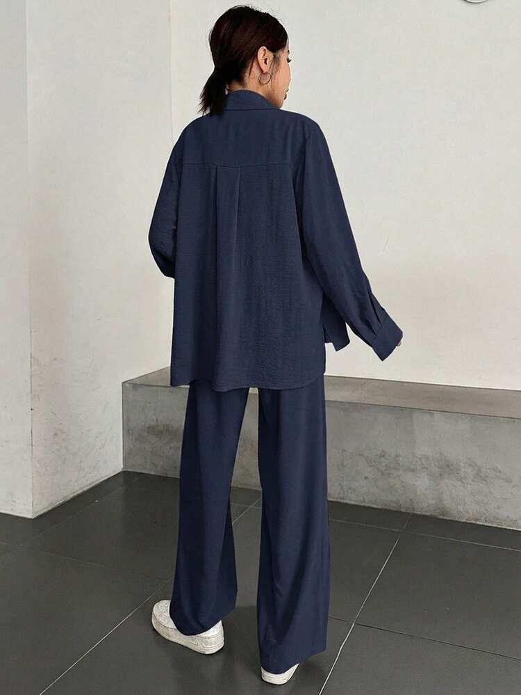 Women's Casual Commuter Solid Color Front Button Long Sleeve Shirt And Pants 2 Pieces Set