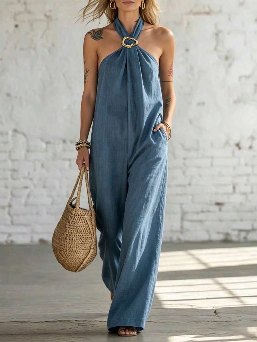 SHEIN Holidaya Mono de pierna ancha y suelta con cuello de halter de sensación de lino, estilo de vacaciones para mujer - Azul - Ver 1