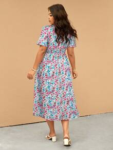 Elaquor Vestido casual de manga corta con diseño de torsión y estampado floral diminuto para mujer de talla grande - Multicolor - Ver 2
