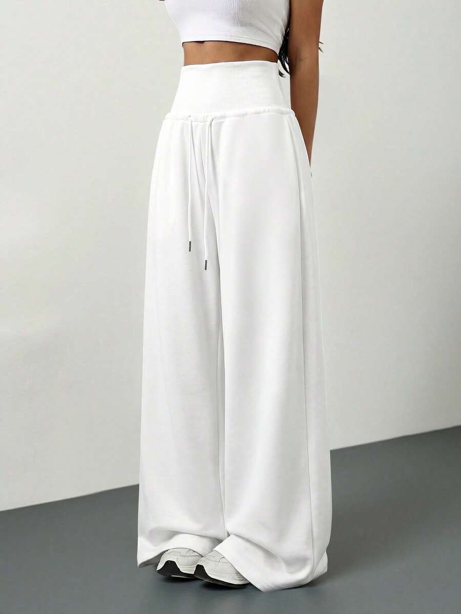 SHEIN Tall 灰色針織抓絨抽繩腰鬆垮運動長褲,冬季畢業季、返校穿搭、畢業禮、女教師秋季服飾,適合高個女性 - 白色 - 查看 1