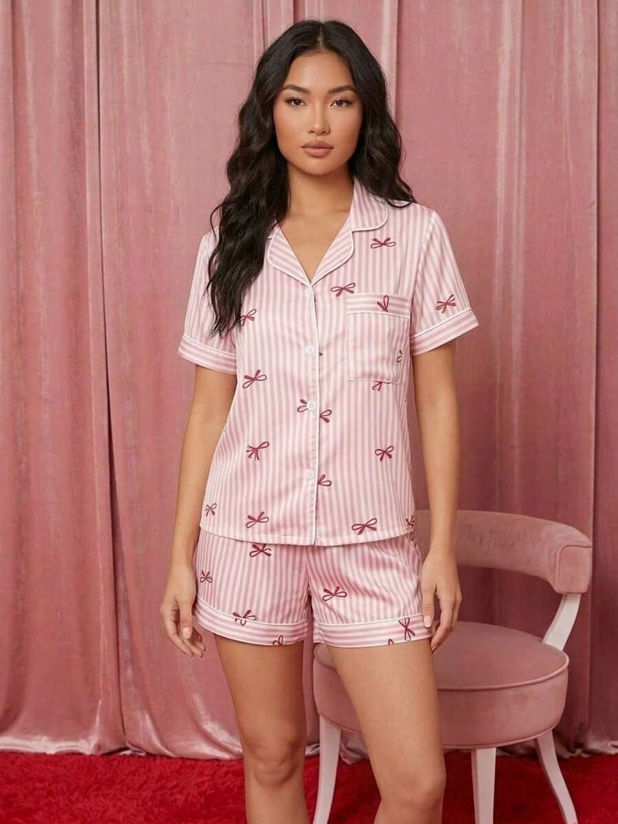 Zazumi 2-Piece Pajama Set Short-Sleeved Shorts Striped Bow Print Casual Women's Home Wear Set - Pink - View 1