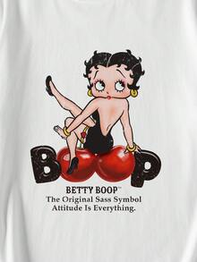 Betty Boop x SHEIN 大码女式字母印花圆领短袖T恤 - 白色 - 查看 5