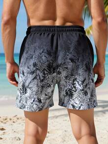 Surfspeed Men's Gradient Botanical Print Drawstring Waist Beach Shorts, Summer, Holiday - Black - View 2