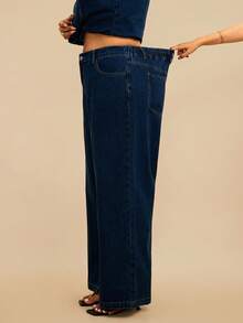 SHEIN Tall CURVE Conjunto de chaleco vaquero y pantalón de pierna ancha talla grande, conjunto de ropa casual, elegante, de negocios y de uso diario para mujeres de talla grande, blusa de solapa única y jeans de pierna ancha, conjunto casual de 2 piezas, verano - Azul - Ver 6