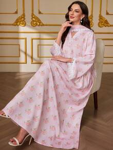 Al Najma Đầm dài tay thanh lịch, lãng mạn màu xanh nhạt in hoa hồng dành cho nữ, kèm khăn trùm đầu viền ren, thích hợp mặc hàng ngày. - Hồng - Xem 6