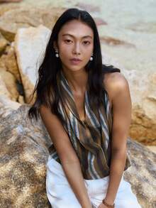 Livesso 女士休闲无袖雪纺露脐上衣，条纹印花拼接细肩带露背设计，适合春季、夏季、音乐节、情人节、婚礼、海滩度假等场合。 - 棕色 - 查看 8