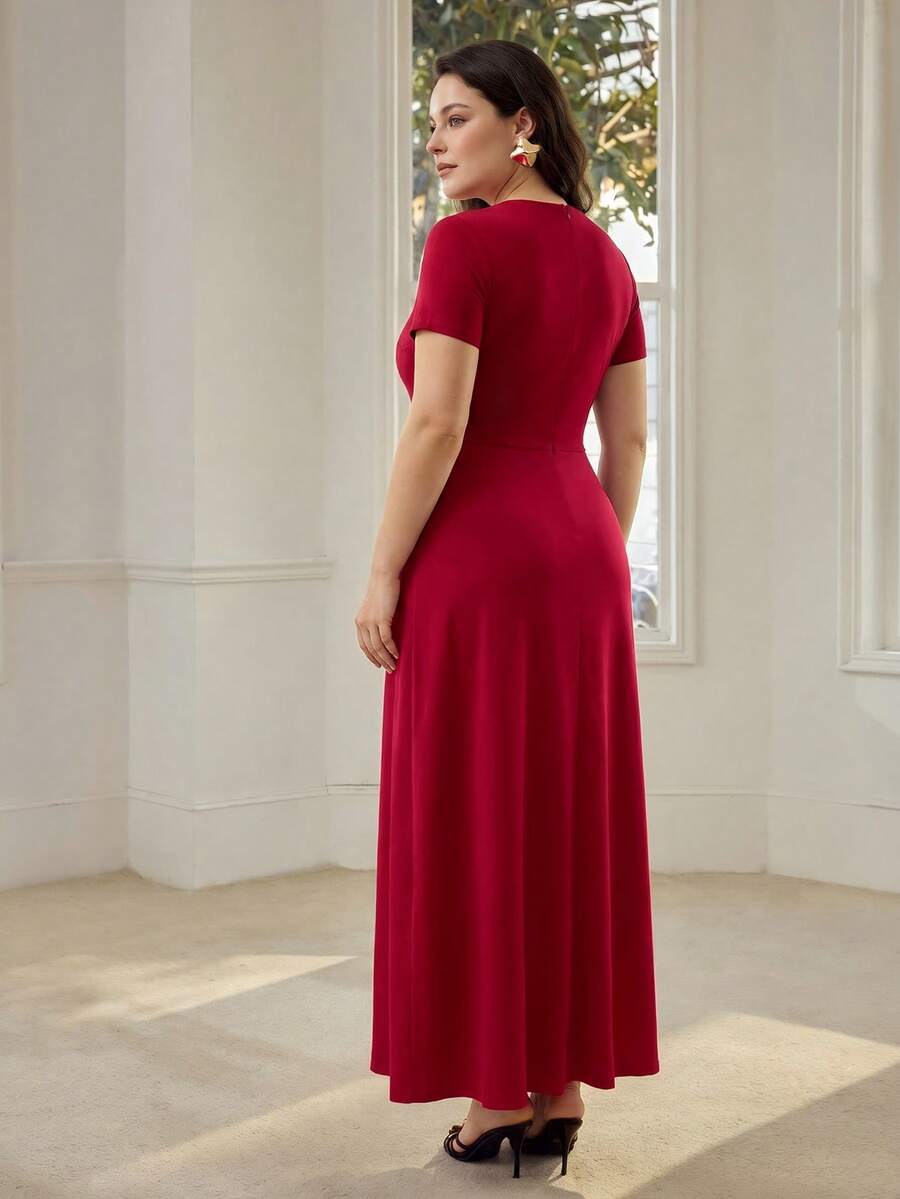 MOTF PREMIUM PLUS SIZE WOMEN'S RED METAL DECOR KNIT SATIN SPLICE ROUND NECK SLEEVELESS MID-LENGTH DRESS, CASUAL ELEGANT DATE EVENING FORMAL WEDDING WEAR, WINTER - Red - View 2