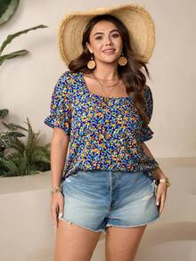 Comfylo Plus Size Casual Boho Cottage Core Ditsy Floral Shirt Vacation Orange Summer - Multicolor - View 1
