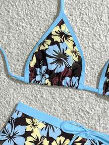 Elavelle Bộ bikini hai mảnh buộc cổ tam giác in họa tiết hoa dâm bụt nhiệt đới, viền đen và xanh dương, thích hợp cho kỳ nghỉ. - Nhiều màu - Xem 4