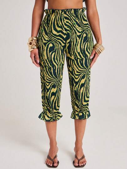 NYA SZN Damen modische hochgeschnittene Hose mit plissiertem Saum, Rüschentrimm und Zebramuster, 7/8 Länge