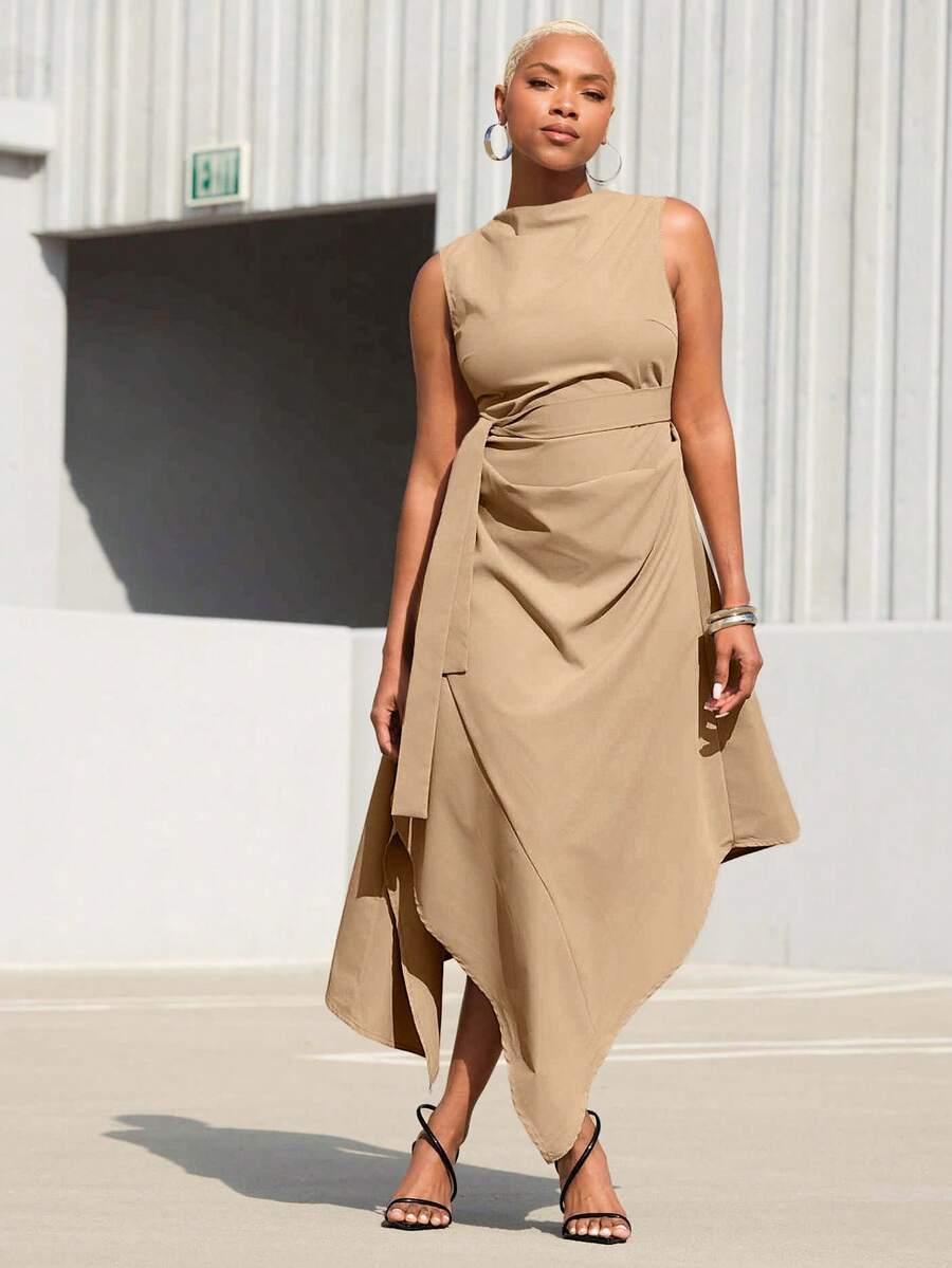 Vixey Woven Sleeveless Asymmetrical Hem Midi Dress, Office Wear, Workwear, Desk To Dinner - Khaki - View 1