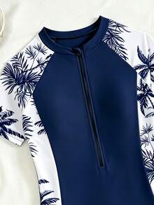 SHEIN 少女针织椰树数码印花拼接纯色拉链连体泳衣，欧美时尚优雅女士休闲款，适合游泳、夏季、海滩穿着 - 藏蓝色 - 查看 4