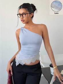 Siren Gaze 蕾丝拼接扭结单肩上衣，优雅修身女士衬衫，嘉年华上衣，休闲夏季风，露肩上衣，露背上衣，派对上衣，音乐节 - 藍色 - 查看 4