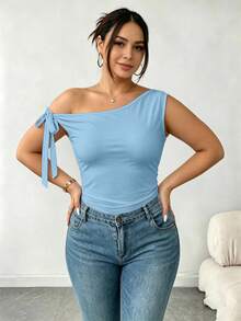 Elenzga Kaos Wanita Ukuran Besar Elegan Warna Polos Leher Asimetris Pas Badan, Musim Panas - Baby Blue - View 3