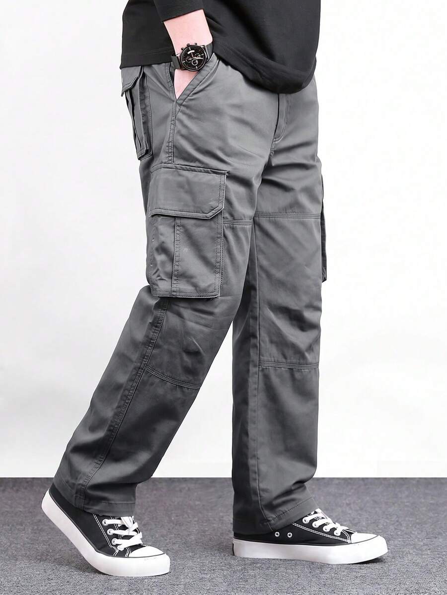 Manfinity Homme Men Solid Color Straight Workwear Trousers Baggy Cargo Pants Menmen Cargo Pantsmen Cargos - Dark Grey - View 1