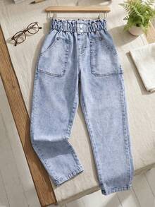 Tween Girl Casual Boho Holiday Paperback Waist Flat Pockets Mom Jeans With Button Front, Daily - Light Wash - View 3