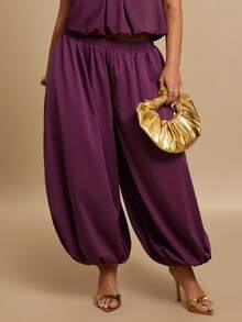 SHEIN BAE Plus Size Casual Elastic Waist Pleated Drape Pants - Purple - View 7