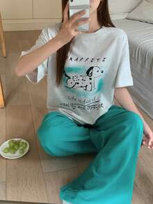 DAZY 女士印花宽松T恤和阔腿裤睡衣套装 夏季 - 淺灰色 - 查看 8