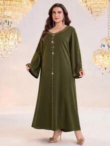 Al Najma Plus Size Women's Rhinestone Embellished Elegant Arabic Style Evening Dress For Party - Army Green - View 4