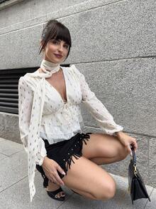 Marta Soriano 女士法式金属箔叶子图案可拆卸荷叶边下摆休闲衬衫，秋冬款 - 杏色 - 查看 5