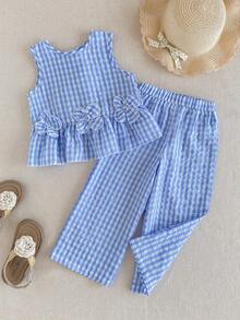 Maija Kids Maija Kids 两件套儿童/女童优雅休闲校园风宽松舒适蓝白格纹无袖上衣和裤子套装，腰部饰有花朵图案，适合日常穿着、返校、旅行、度假、春夏季节。 - 藍白色 - 查看 2