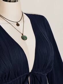 SHEIN ICON Plus Size Women Textured Black Front Tie Top - Navy Blue - View 8