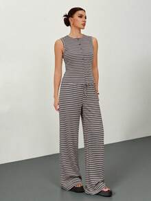 SHEIN Tall 2件組女款休閒條紋前扣長袖上衣與寬腿褲套裝，適合秋季、夏季，高個子女性穿搭 - 棕色 - 查看 4