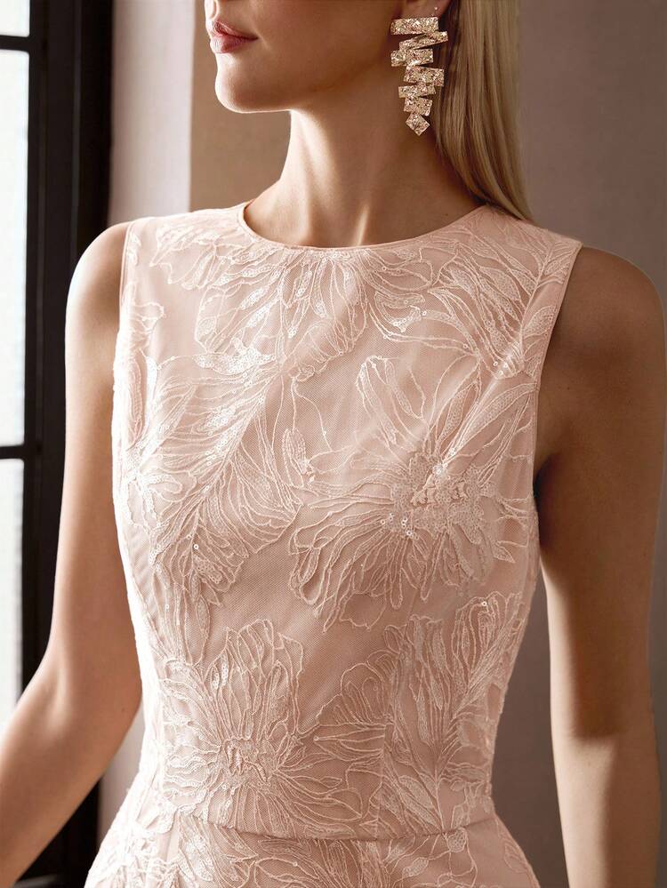 ELEGANT EMBROIDERED MESH SLEEVELESS MIDI DRESS, CASUAL RESORT WEAR