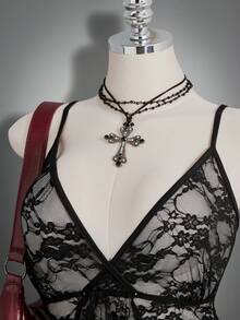 SHEIN ICON 夏季大码性感荷叶边薄纱蕾丝吊带背心 - 黑色 - 查看 7