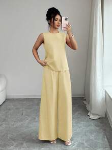 Elenzga 2件組女款竹纖維無袖上衣與寬腿褲套裝，淡黃色，夏季優雅通勤上班休閒穿搭，春夏新款 - 黃色 - 查看 4