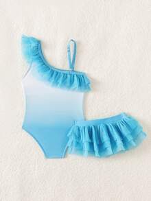 SHEIN Baby Girl Summer Beach Vacation Ombre Asymmetrical Neck Multi-Layer Mesh Ruffle One-Piece Swimsuit And Sarong Skirt Set - Blue - View 2