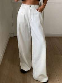 Livesso Women's White Washed Casual Pants, Loose Fit Business Casual Style, Straight Leg Trousers, Suitable For Spring And Summer - White - View 7
