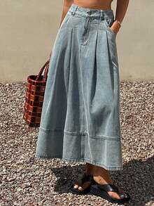 Livesso Vintage Washed Blue Loose Casual Street Outdoor A-Line Pleated Design Women Denim Skirt, Suitable For Summer, Spring, Autumn - Light Wash - View 4