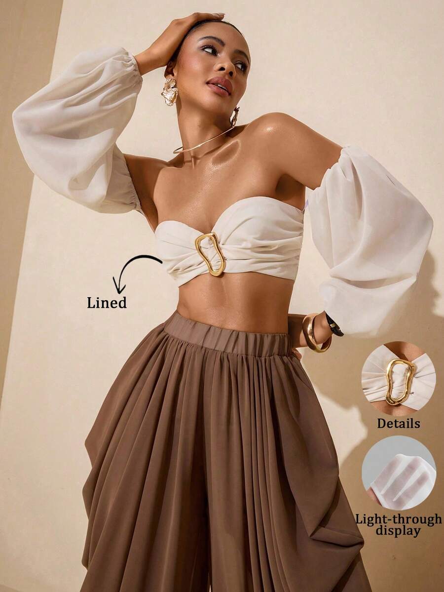 Vesra Women's Solid Color Off-Shoulder Metal Buckle Decorated Blouse - Apricot - View 1