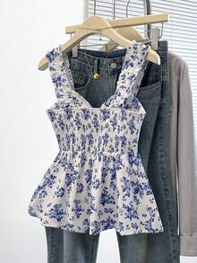 Top sin mangas con decoración de lazo y estampado floral ditsy dulce, Camiseta de tirantes rojos con estampado floral para uso diario, Camiseta de tirantes rojos con estampado floral ditsy para vacaciones - Blanco - Ver 5