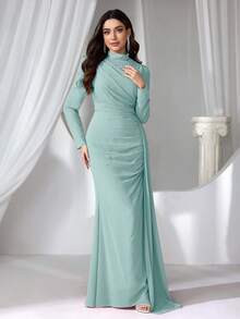 Coutiva 女款立領仿珍珠長款晚禮服 - 草綠色 - 查看 6