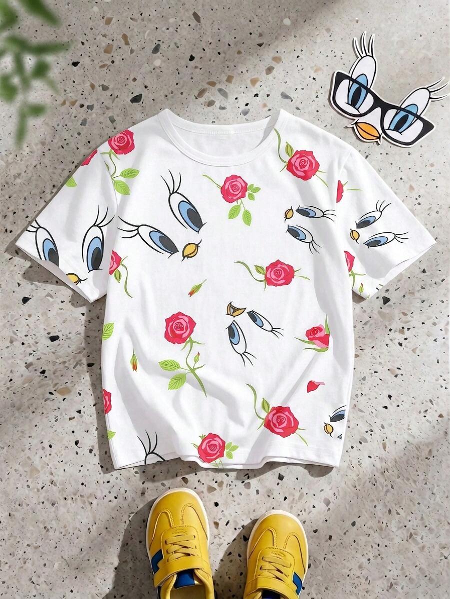 LOONEY TUNES X SHEIN GraphicGems 少女休闲度假通勤可爱碎花短袖T恤，夏季