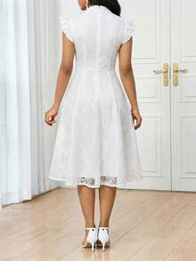 SHEIN Lady Đầm nữ màu trơn phối ren, xếp ly ở gấu váy, kiểu dáng thanh lịch, dài ngang gối. - trắng - Xem 2